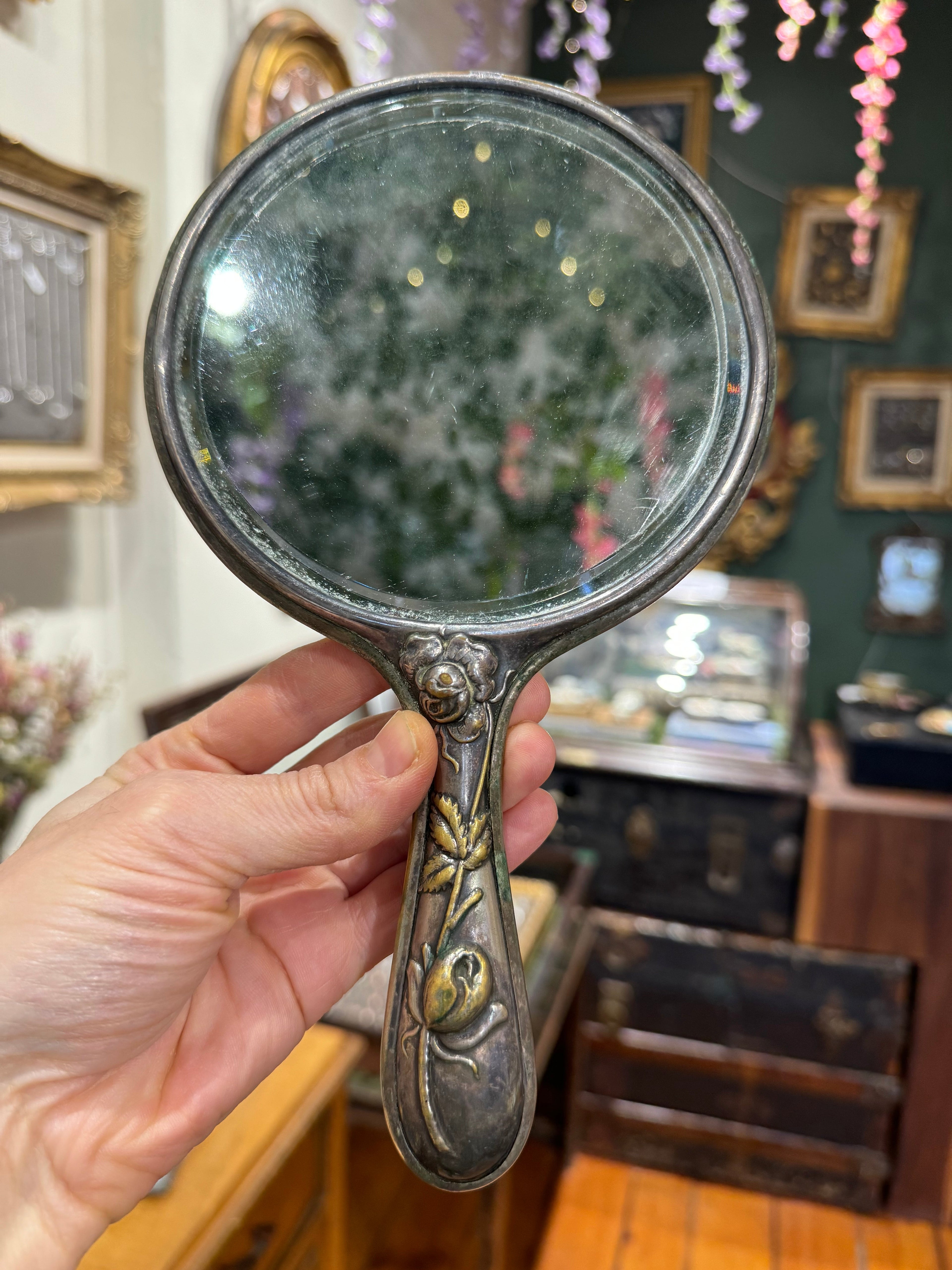 Antique Silver Roses Hand Mirror