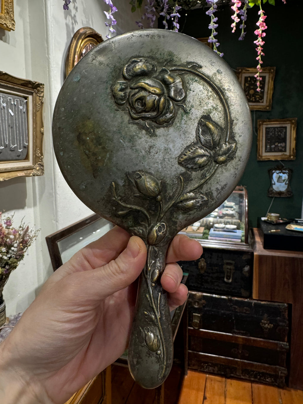 Antique Silver Roses Hand Mirror
