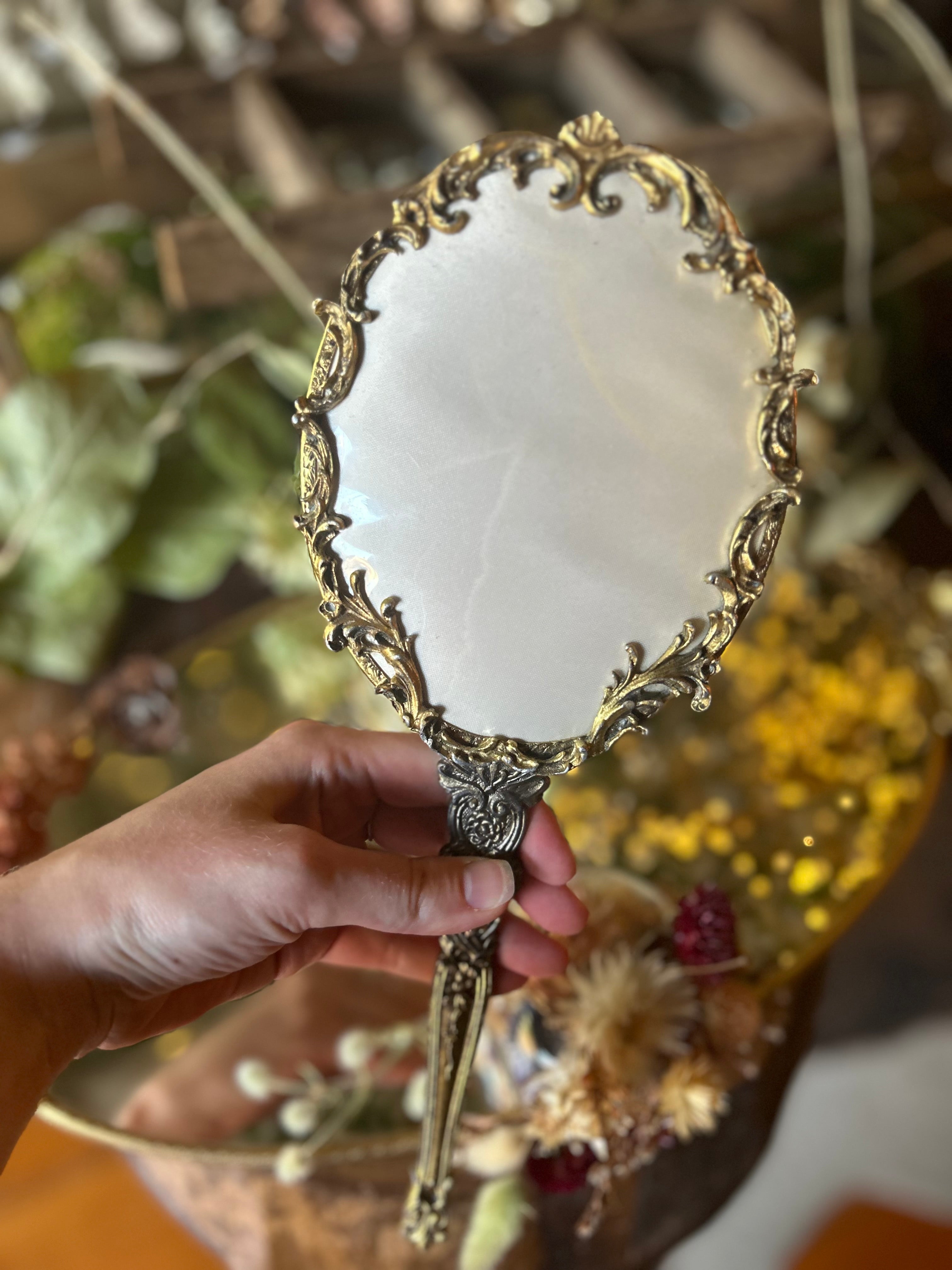 Filigree Antique Gilt Hand Mirror Set