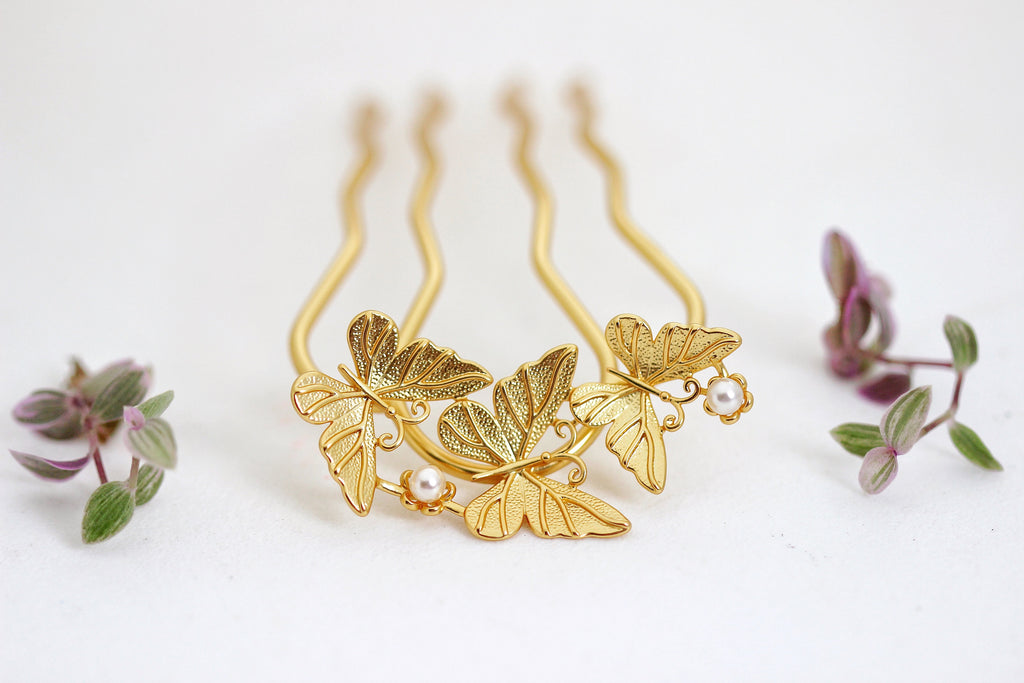 Butterfly Field with Pearls Hair Pin