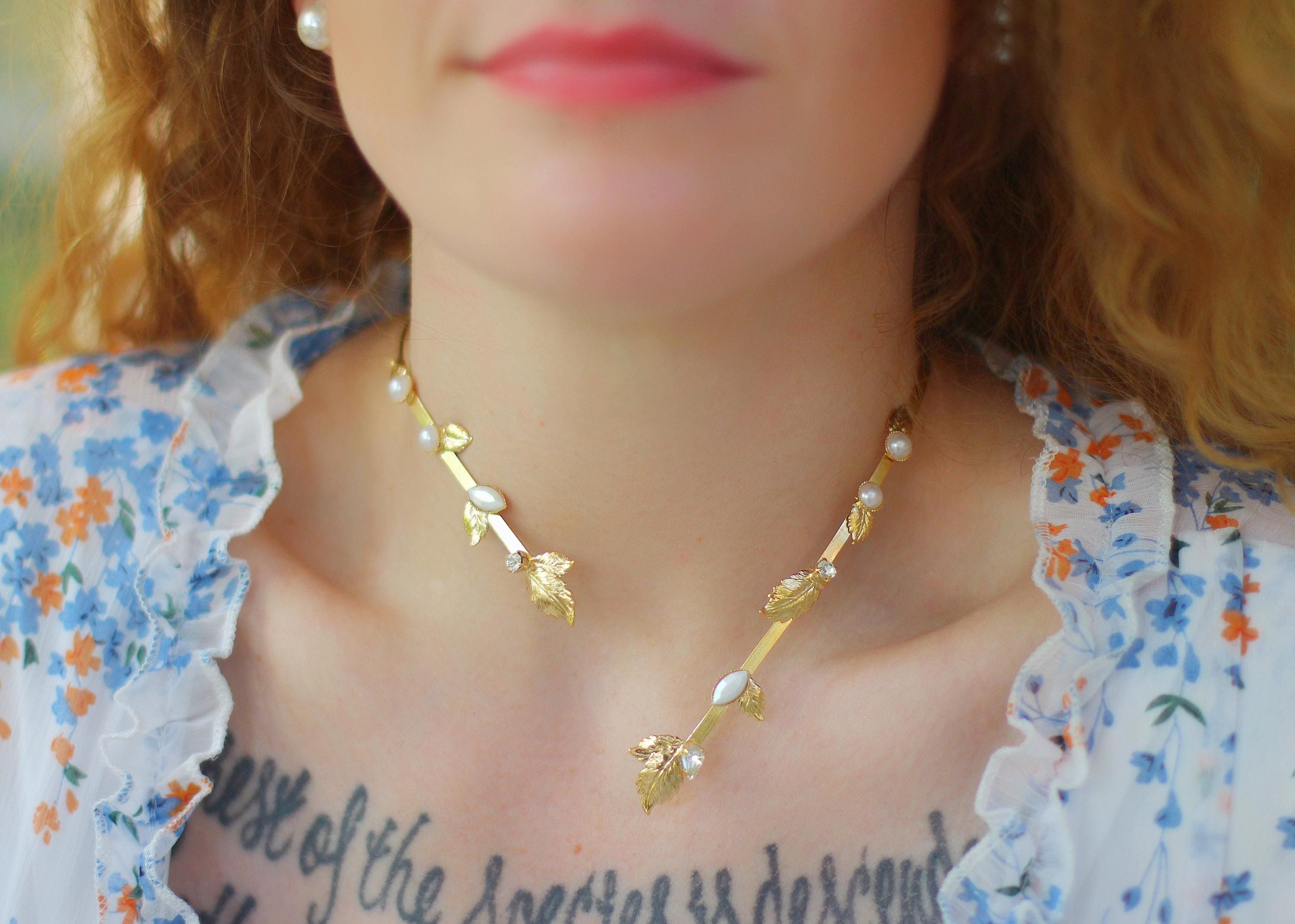 Crystals Pearls Leaves Choker