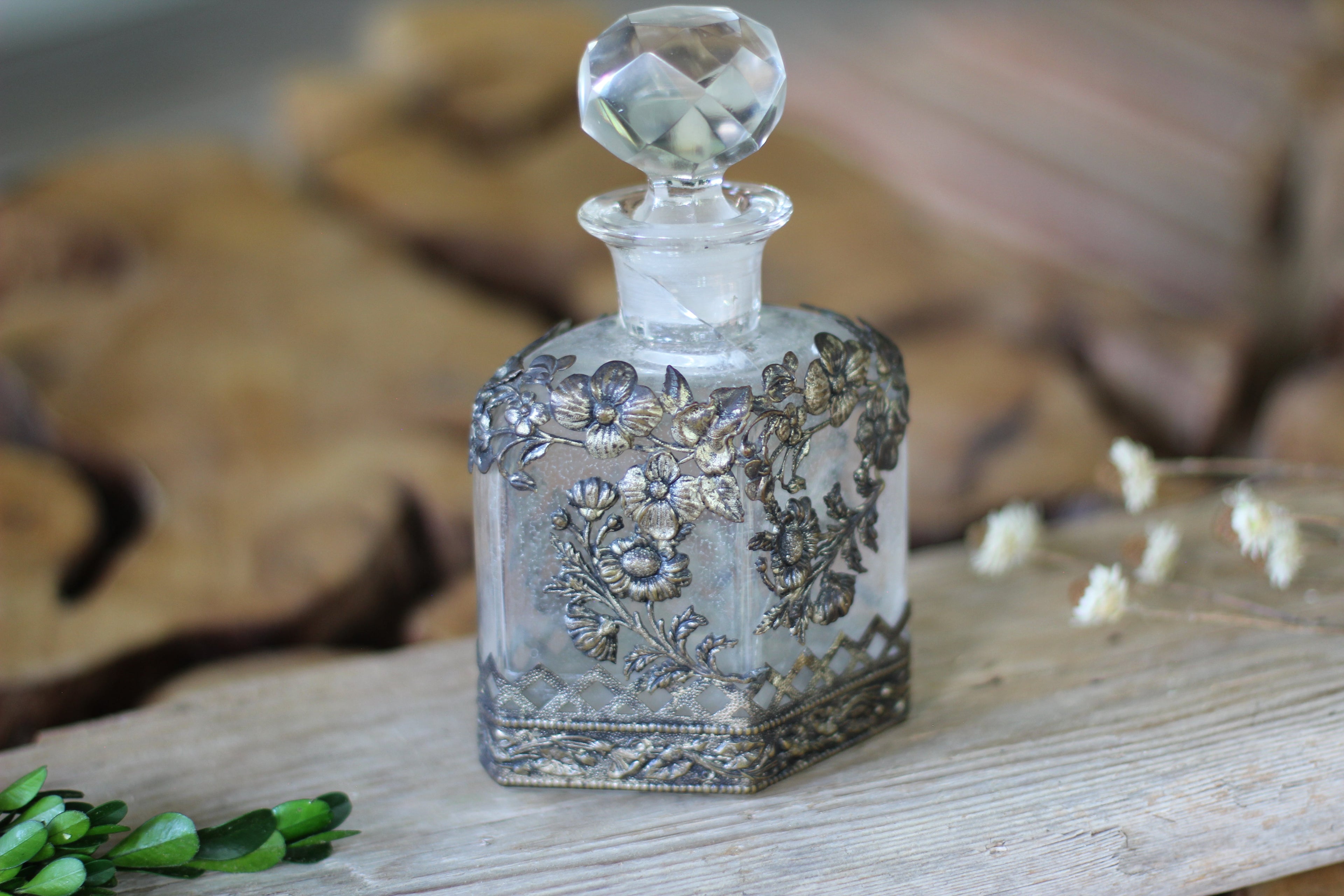 Antique Silver Floral Collar Perfume Bottle