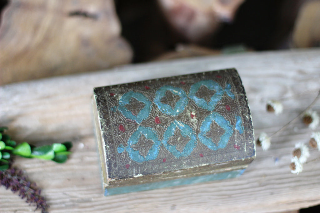 Antique Teal Florentine Treasure Chest Jewelry Box