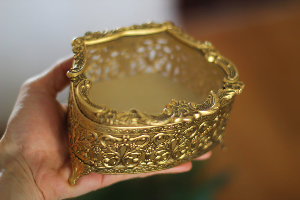 Antique Bronze Filigree Glass Jewelry Box