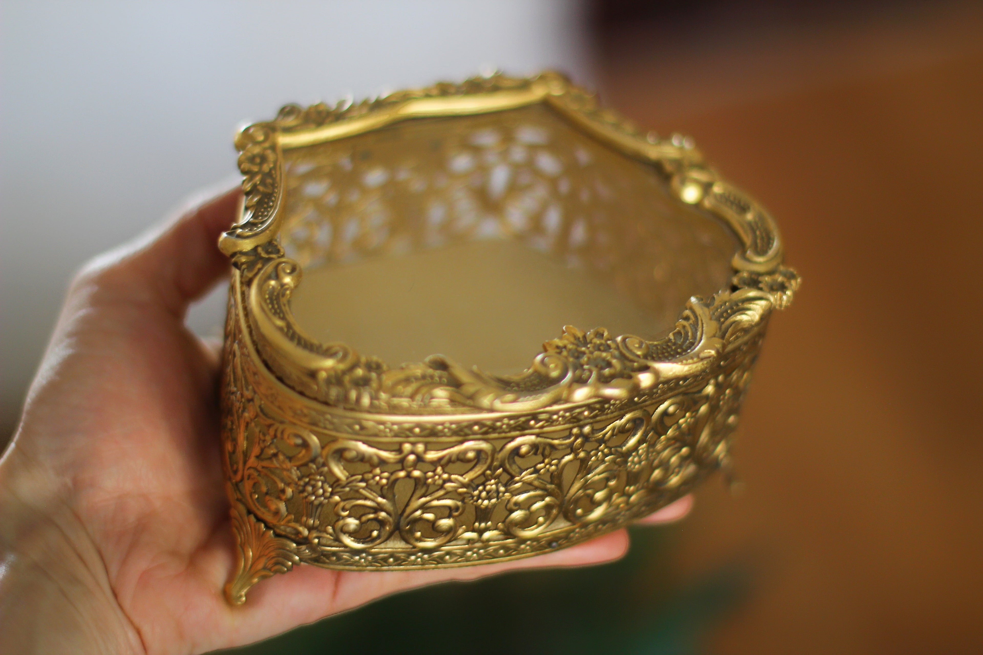 Antique Bronze Filigree Glass Jewelry Box