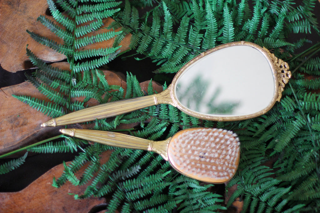 Antique Mirrored Guilloche Rose Vanity Set