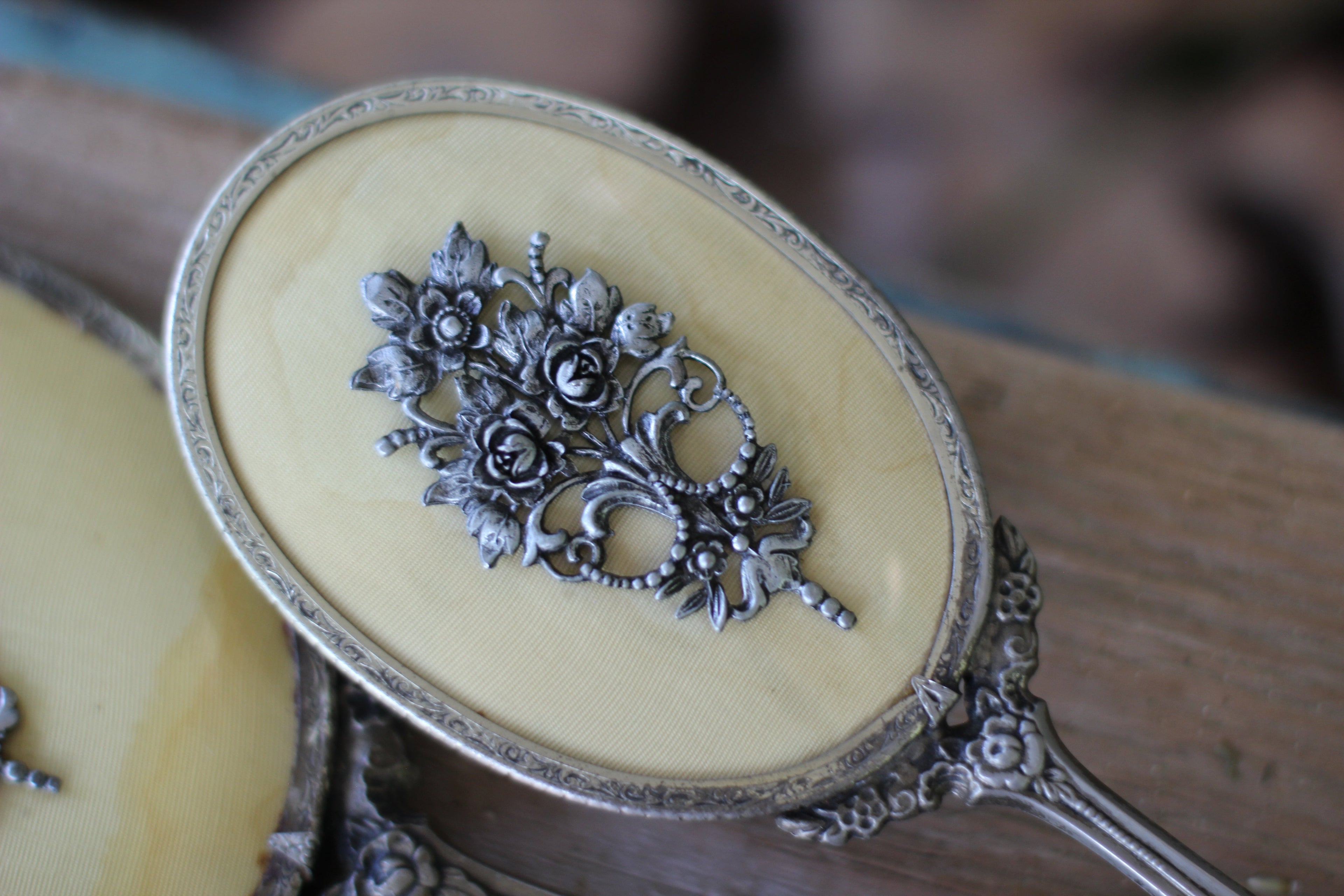 Antique Raised Flower Bouquet Silver Vanity Set