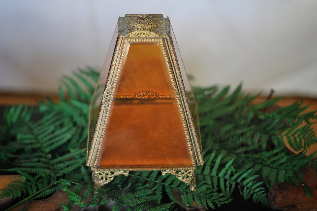 Antique Pyramid Amber Tinted Glass Jewelry Box