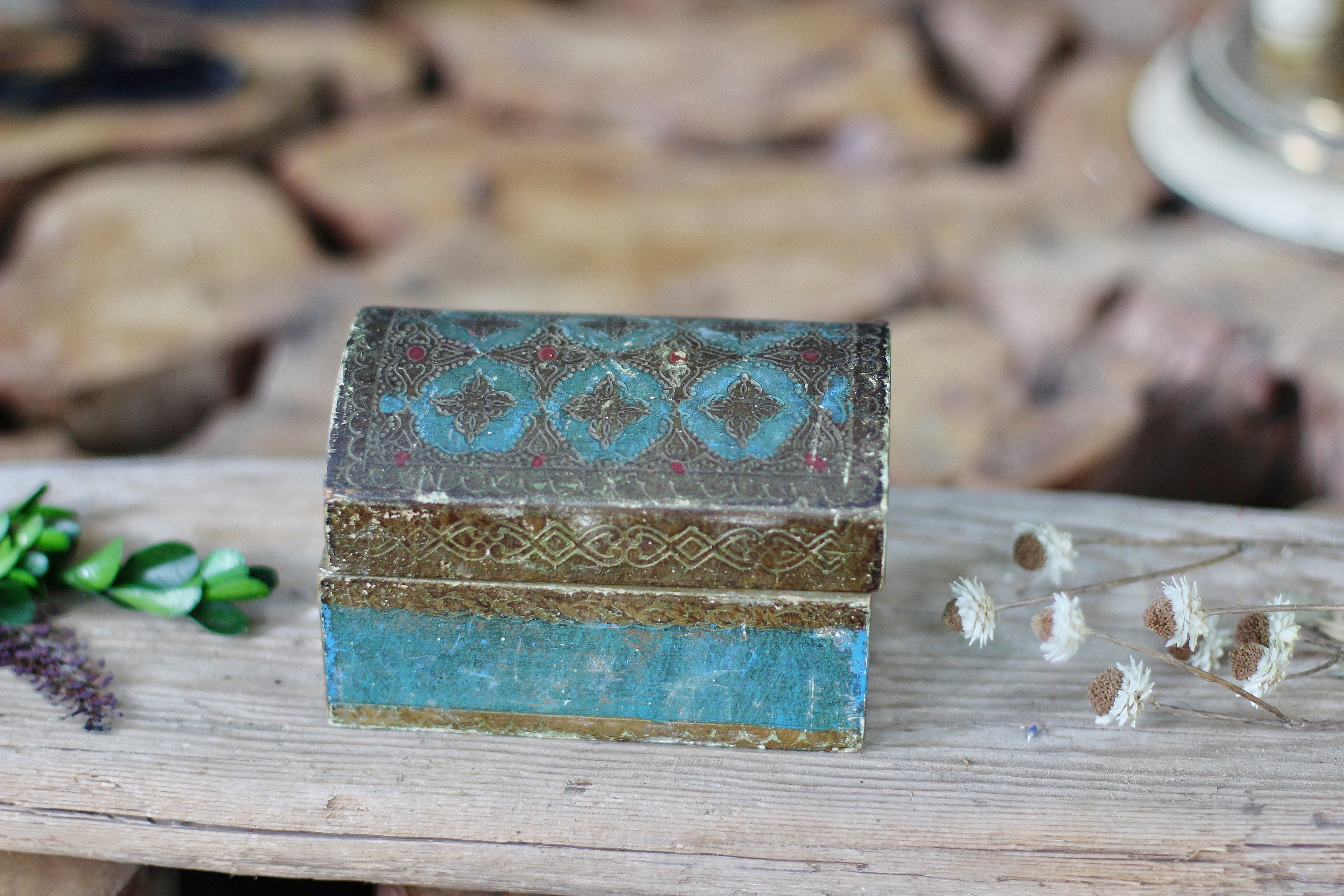 Antique Teal Florentine Treasure Chest Jewelry Box
