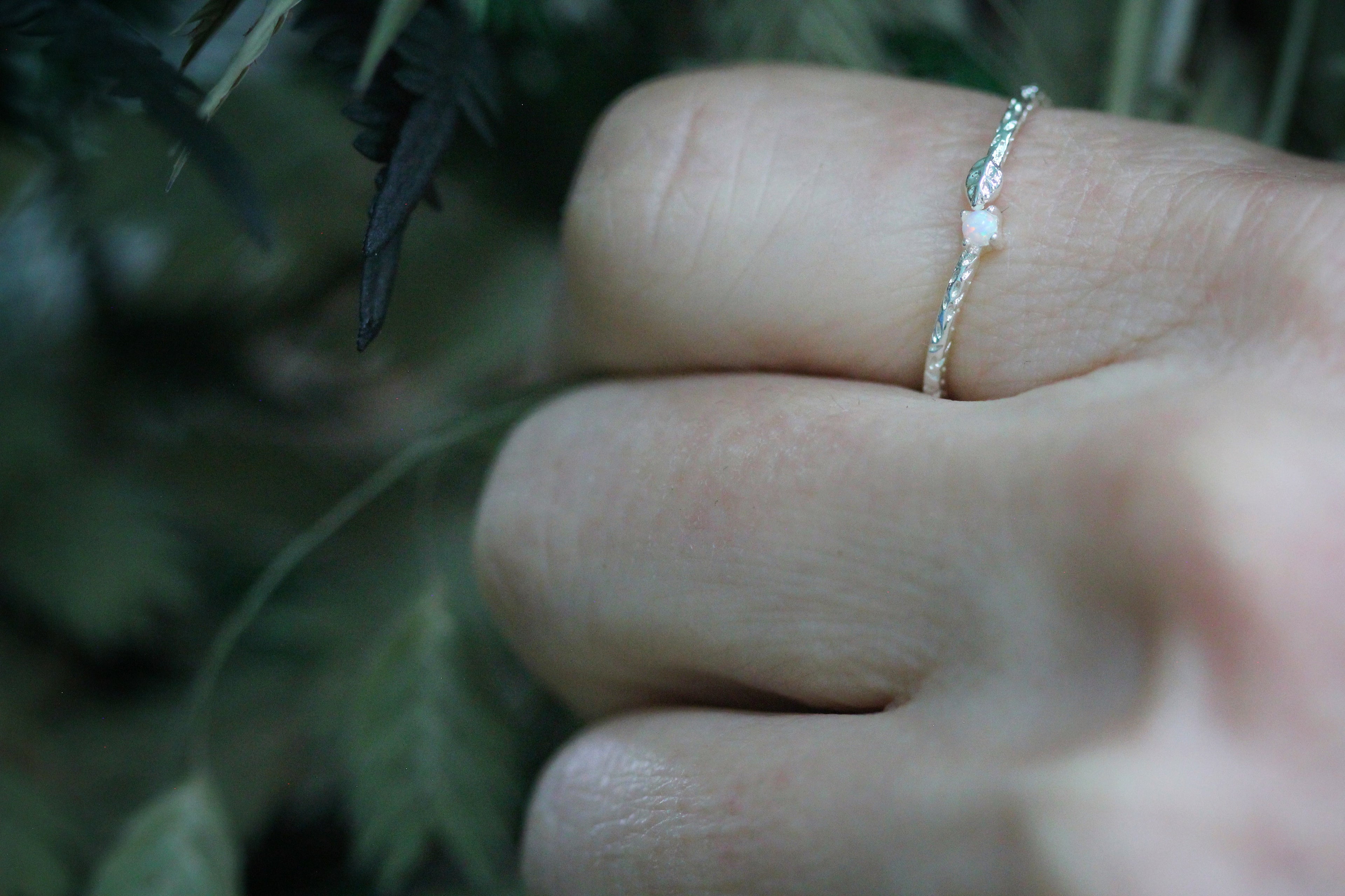 Tiny Leaf & Opal Ring