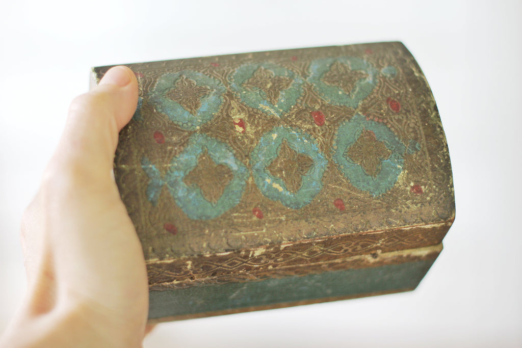 Antique Teal Florentine Treasure Chest Jewelry Box