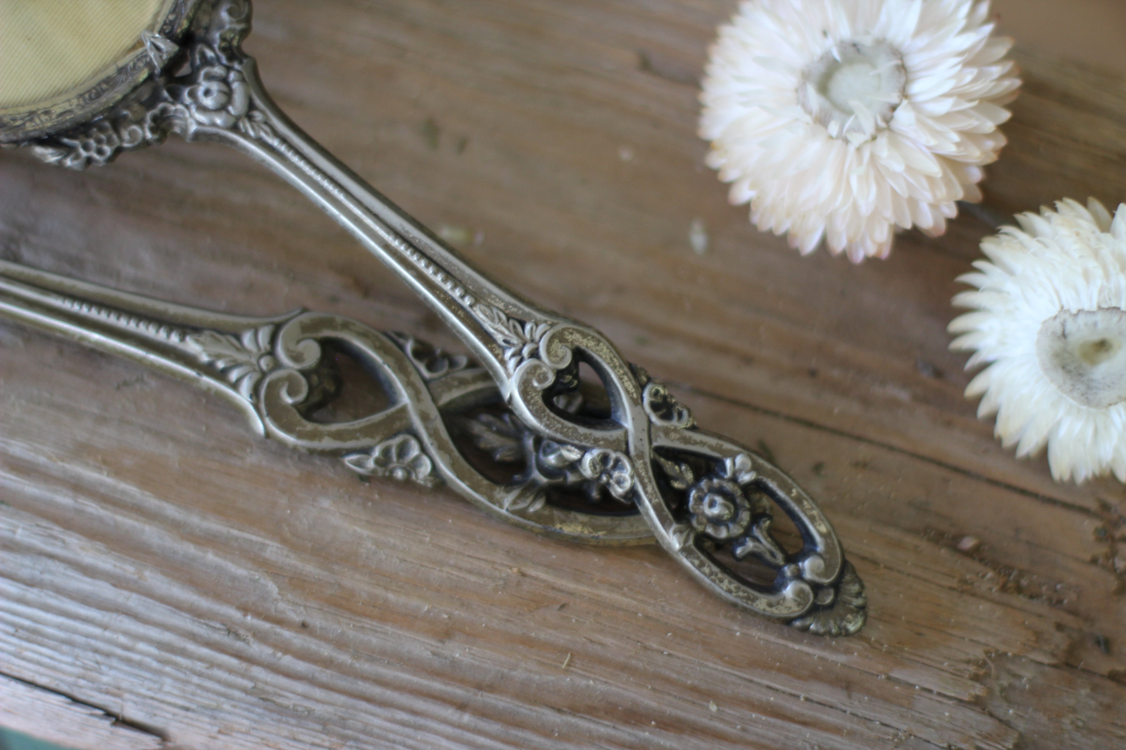 Antique Raised Flower Bouquet Silver Vanity Set