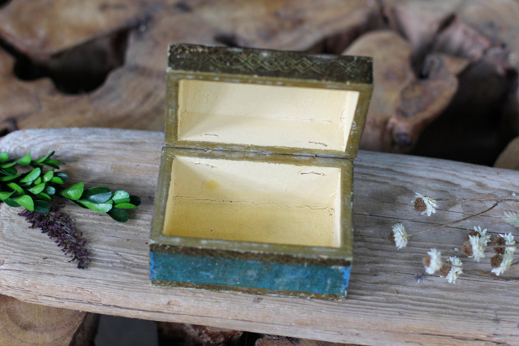 Antique Teal Florentine Treasure Chest Jewelry Box