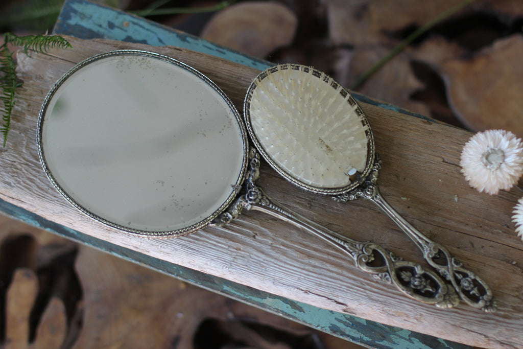 Antique Raised Flower Bouquet Silver Vanity Set