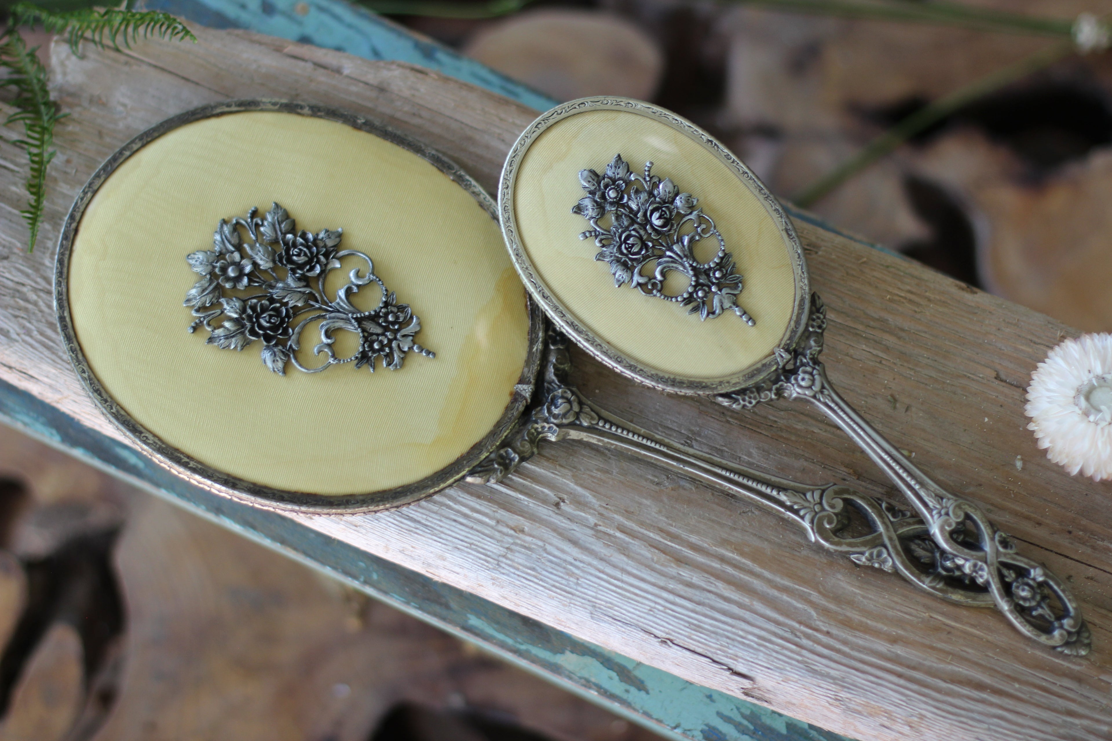 Antique Raised Flower Bouquet Silver Vanity Set