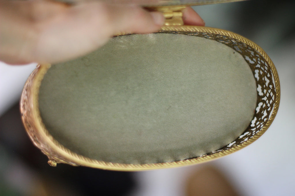 Antique Turquoise Oval Birds & dogwood Jewelry Box