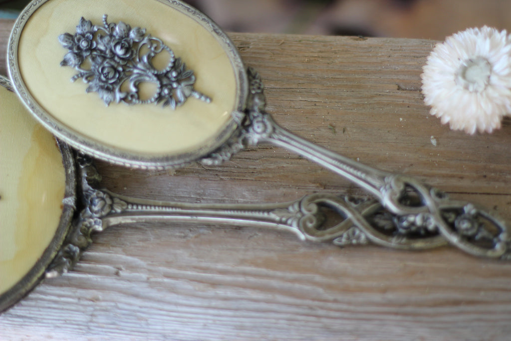 Antique Raised Flower Bouquet Silver Vanity Set