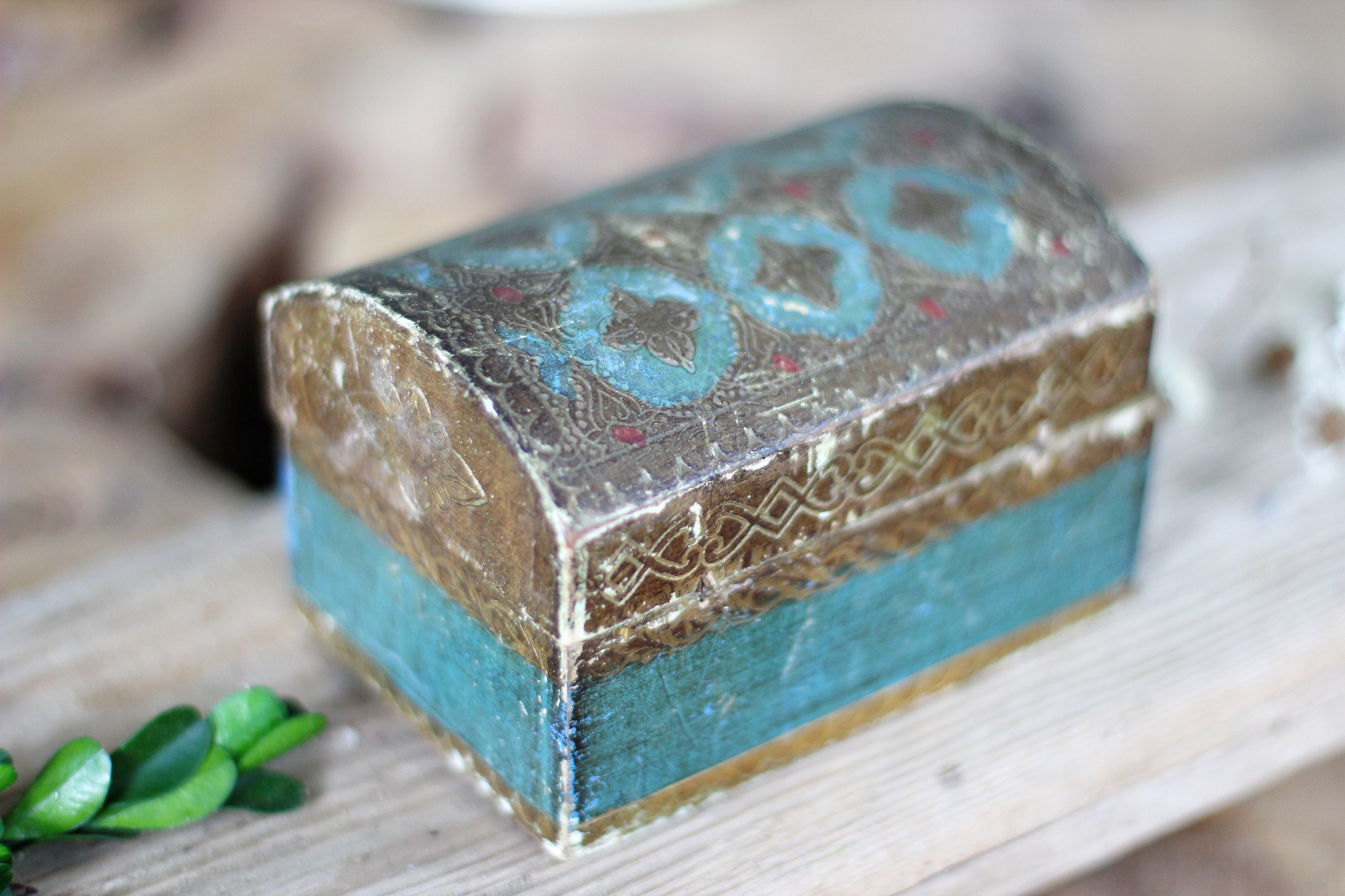 Antique Teal Florentine Treasure Chest Jewelry Box