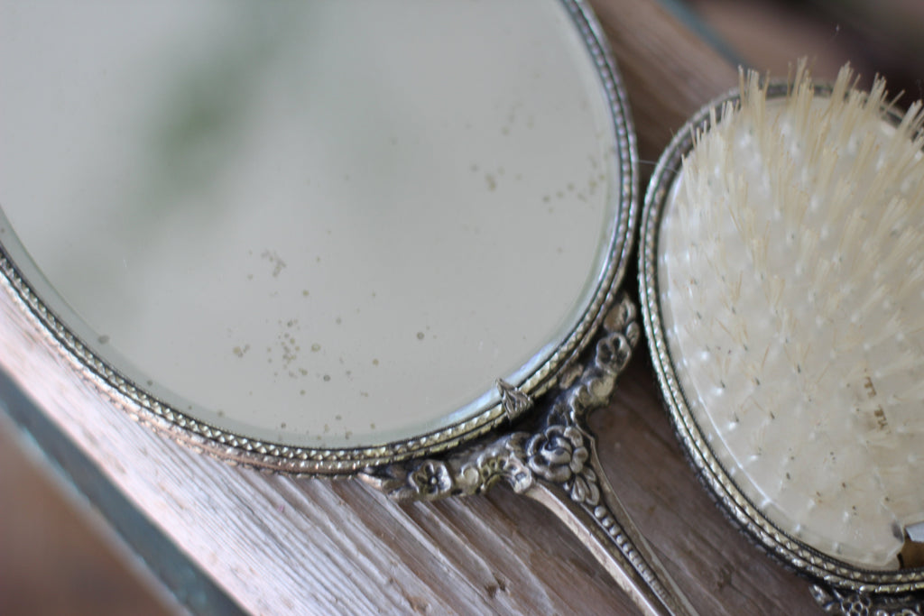 Antique Raised Flower Bouquet Silver Vanity Set