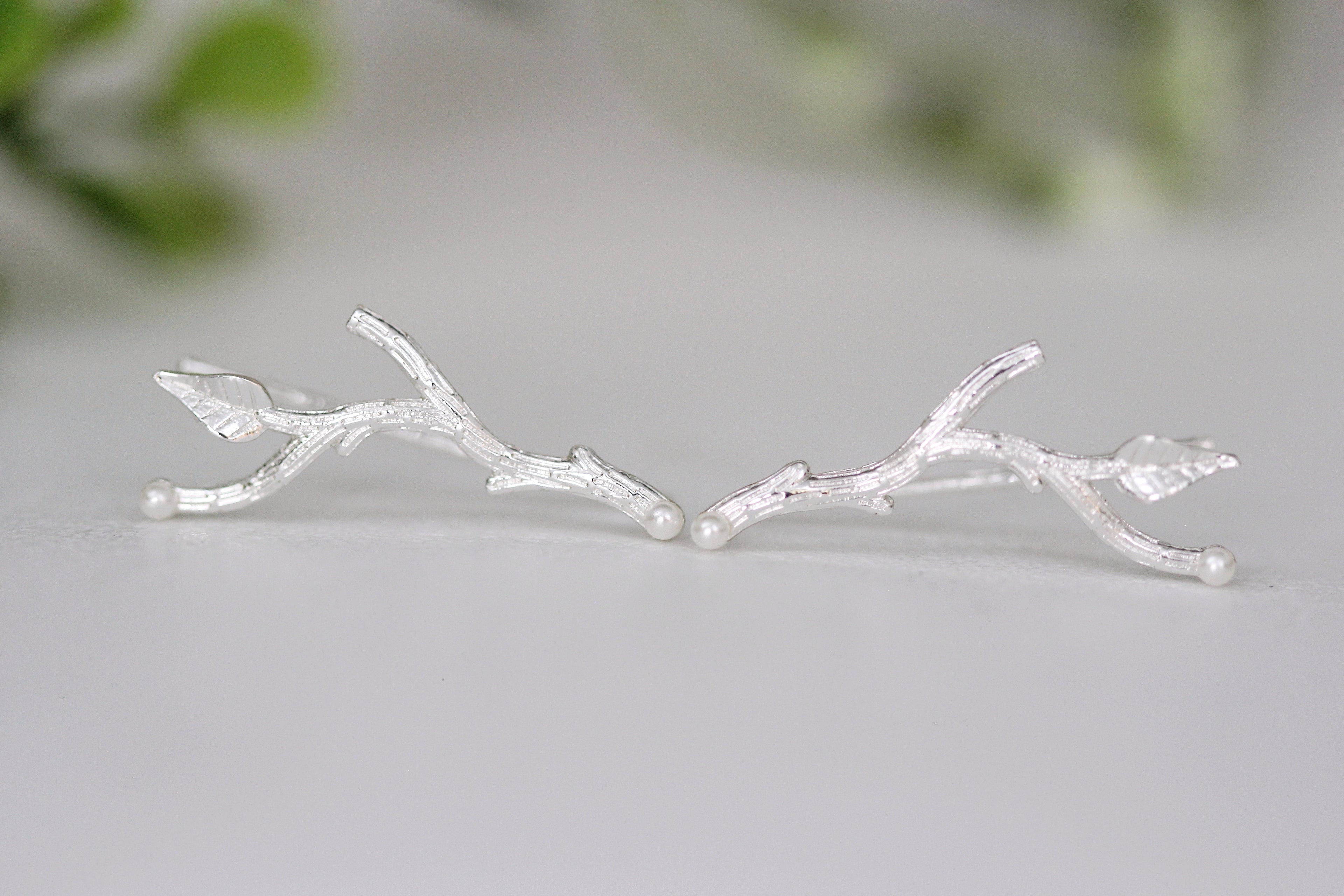 Rustic Branches with Pearls Ear Climbers / Earrings - Pair