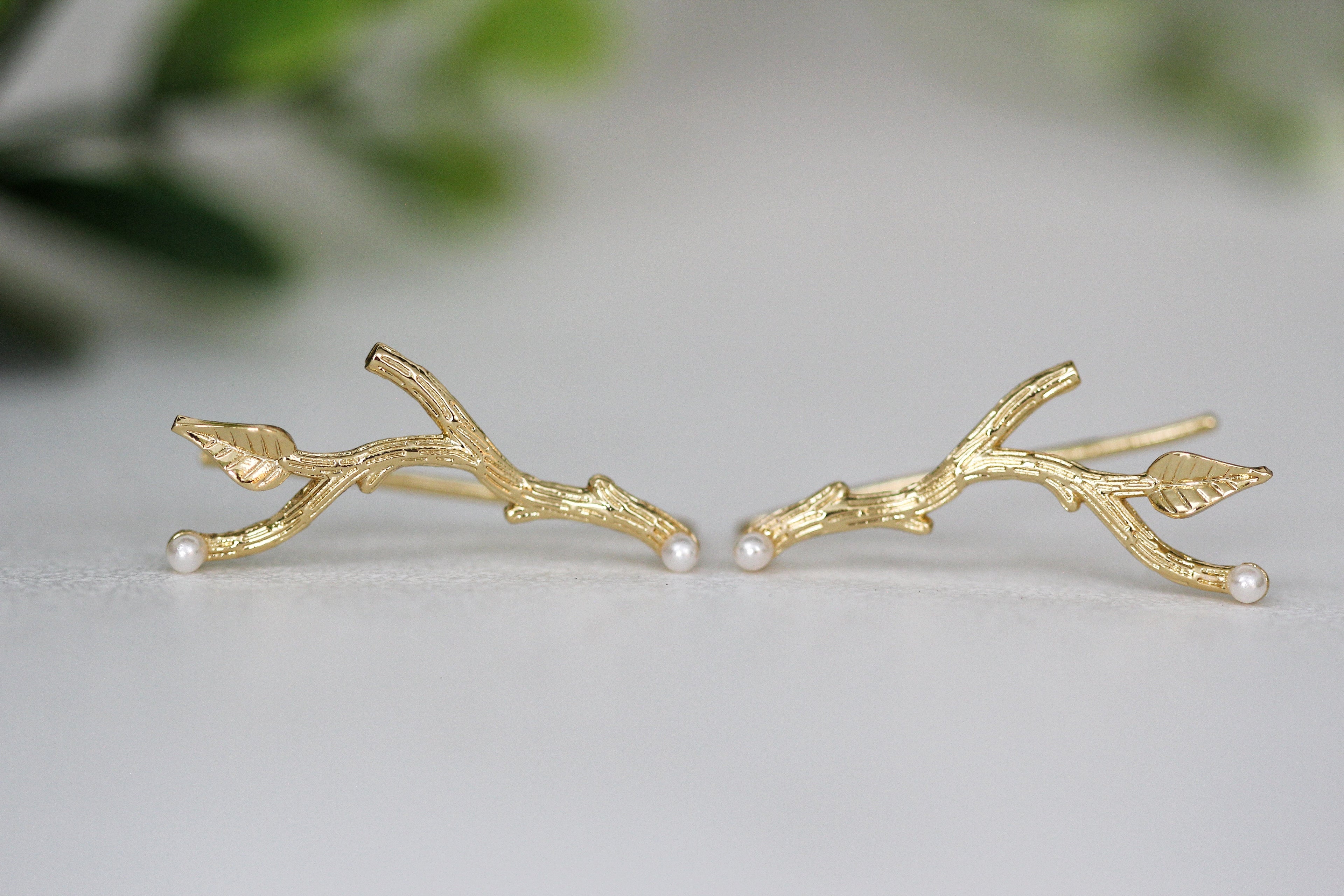Rustic Branches with Pearls Ear Climbers / Earrings - Pair