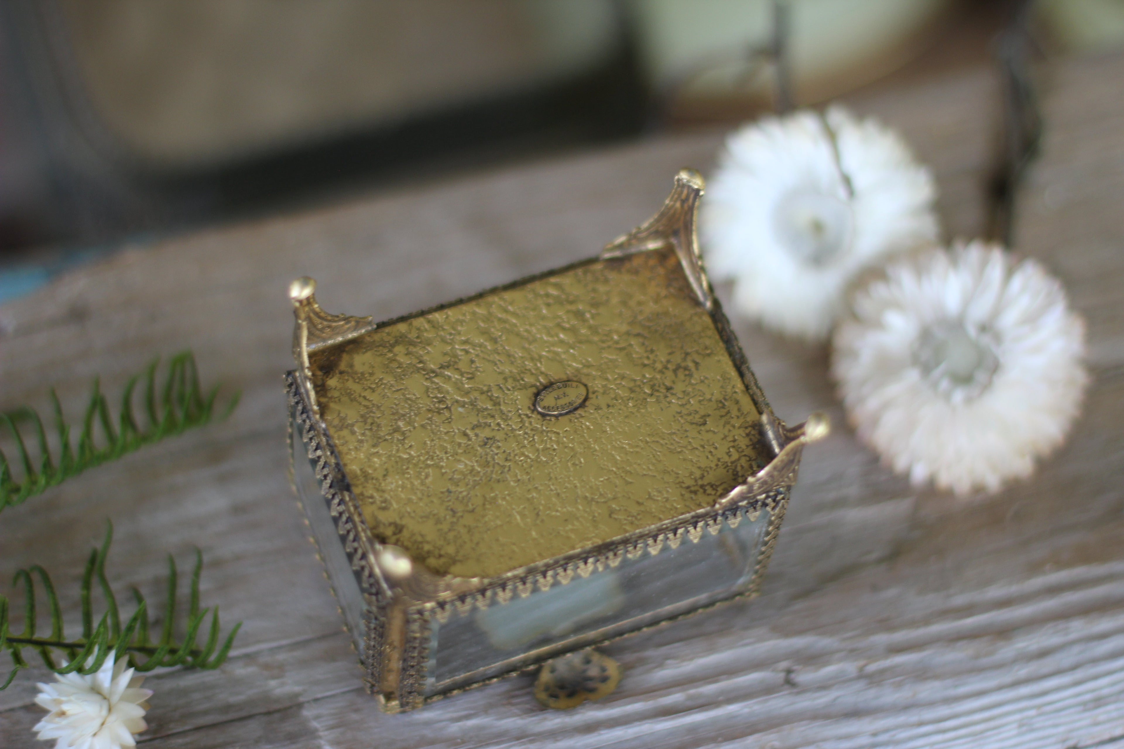 Vintage Small Ormolu Beveled Glass Jewelry Box