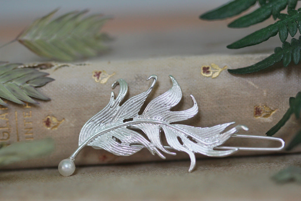 Swirly Feather Pearl Barrette