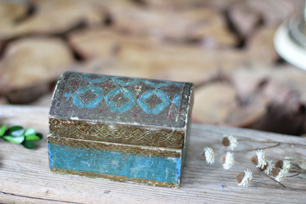 Antique Teal Florentine Treasure Chest Jewelry Box