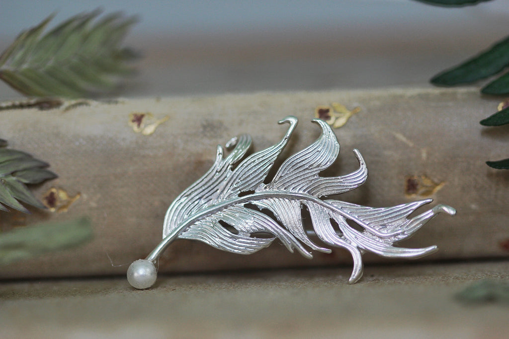Swirly Feather Pearl Brooch