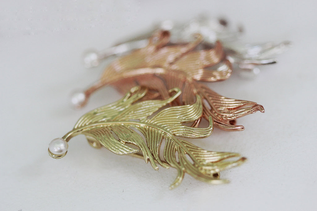 Swirly Feather Pearl Brooch