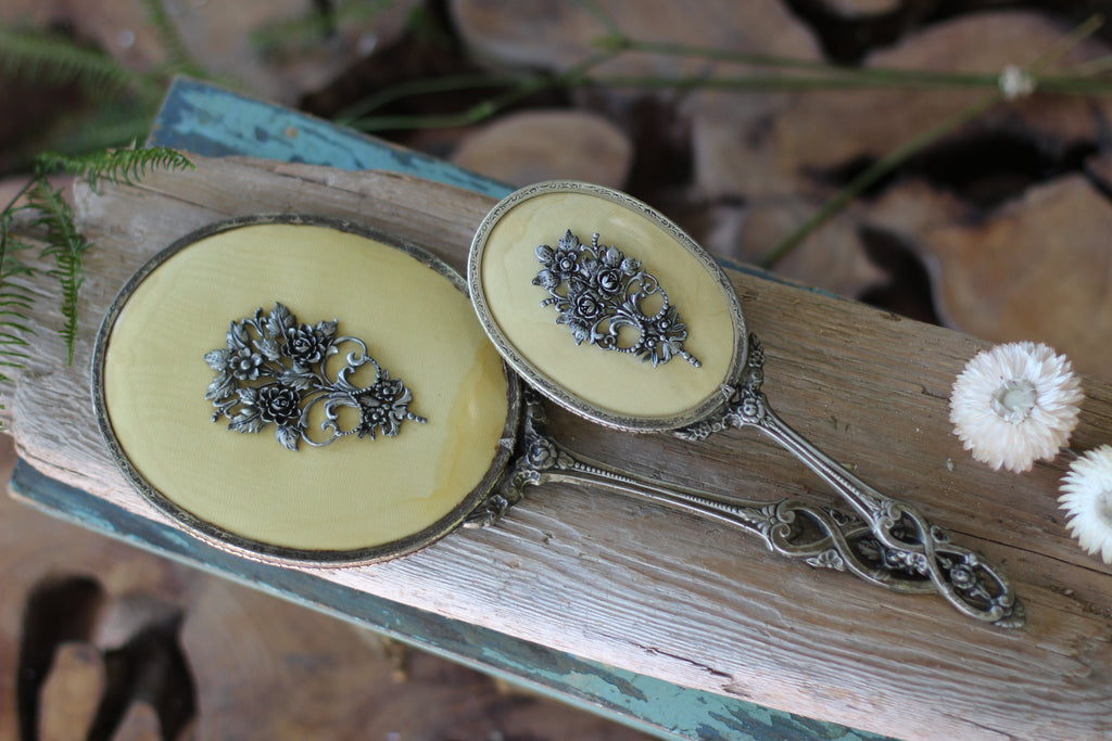 Antique Raised Flower Bouquet Silver Vanity Set