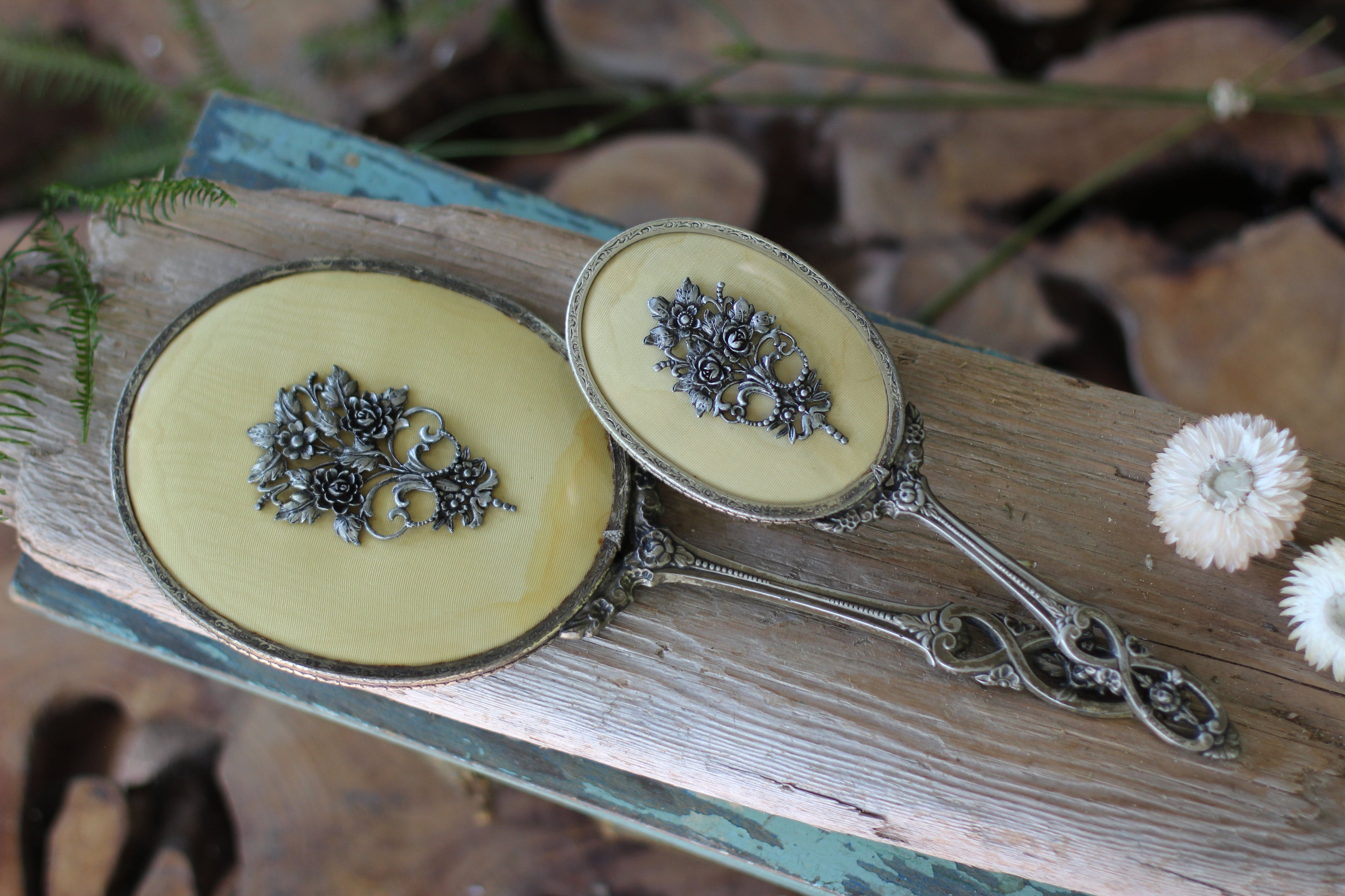 Antique Raised Flower Bouquet Silver Vanity Set