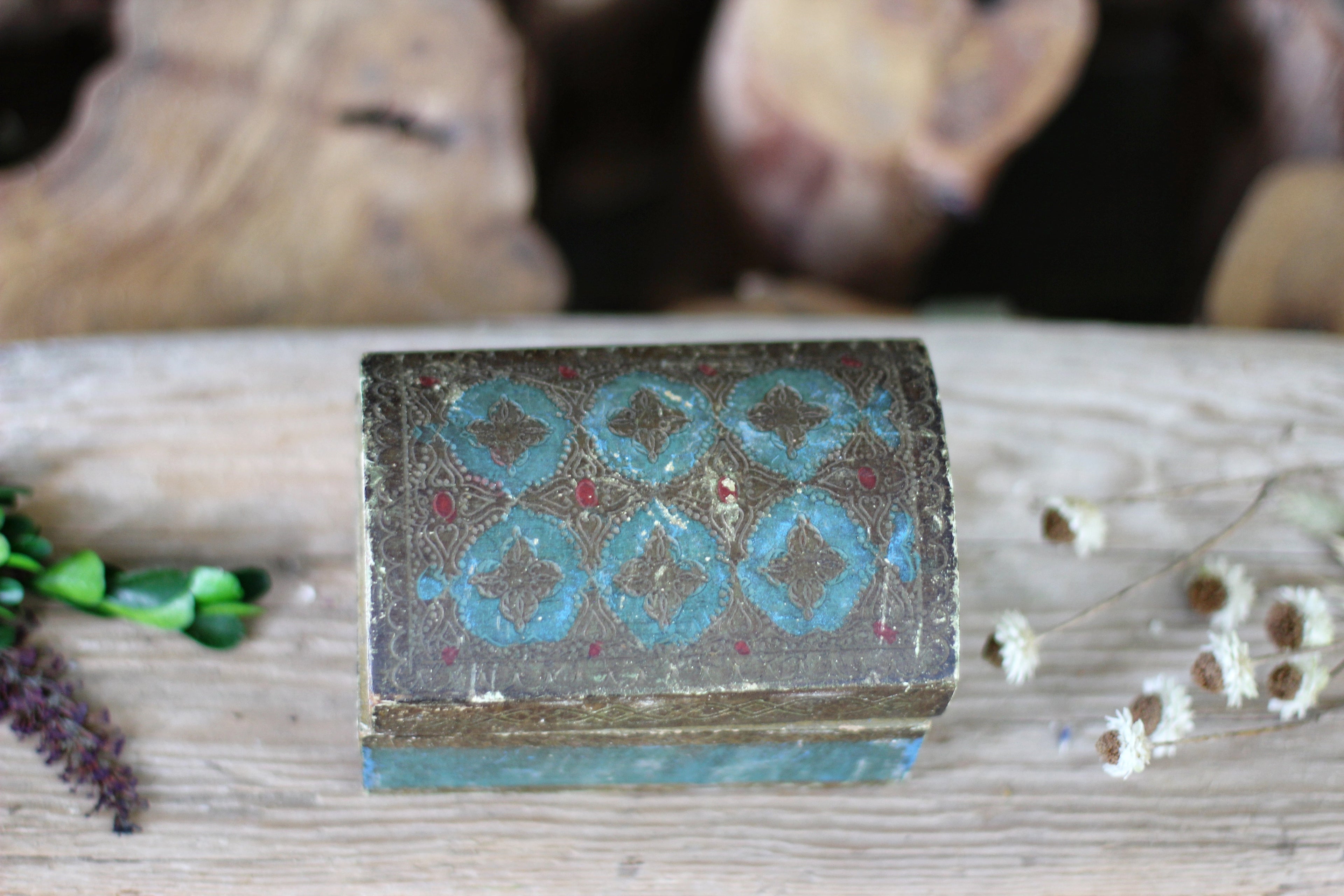 Antique Teal Florentine Treasure Chest Jewelry Box