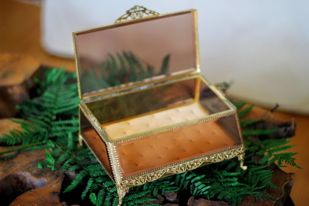 Vintage Large Tufter Amber Tinted Glass Jewelry Caske