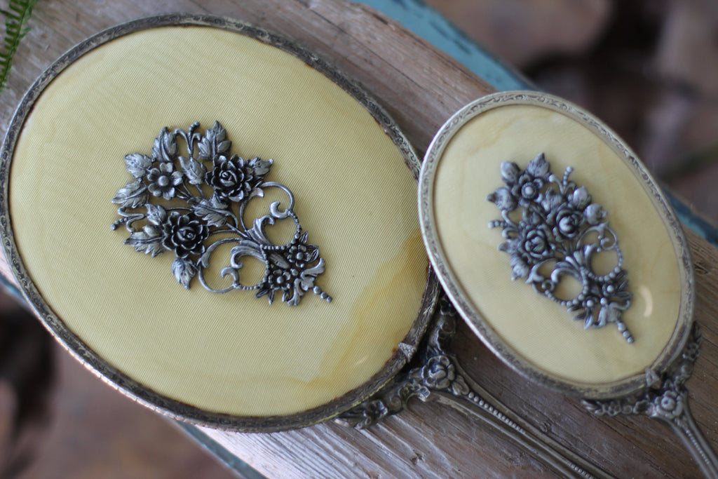 Antique Raised Flower Bouquet Silver Vanity Set