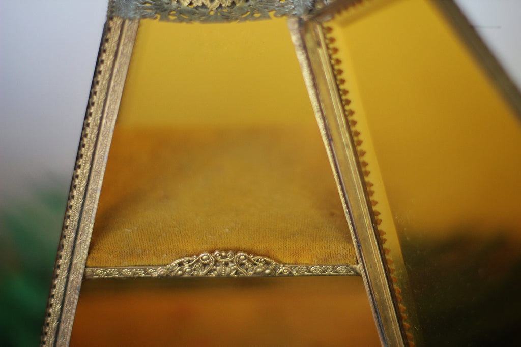 Antique Pyramid Amber Tinted Glass Jewelry Box